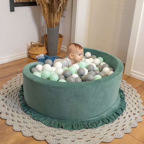 KiddyMoon Soft Ball Pit Round ∅ 7cm / 2.75In for Kids, Foam Velvet Ball Pool Baby Playballs, Made In The EU, forest green:white/grey/mint, 90 x 30 cm / 300 Balls