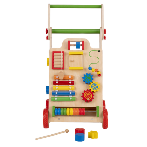 KiddyMoon Wooden Baby Walker Interactive Educational Toy for Children Multifunctional Push-Along Toy for Babies Montessori Walker for Kids Model WK-002, Multicolored, Adjustable Handle