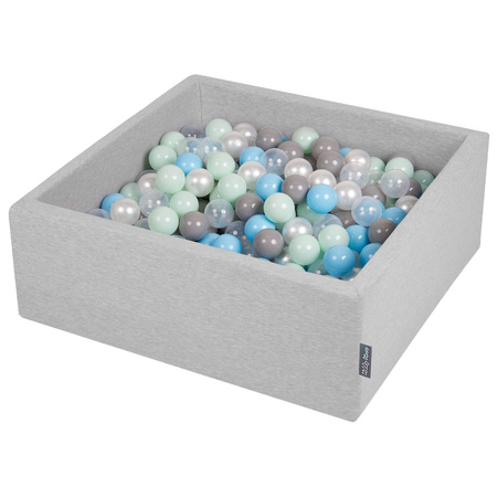 KiddyMoon Baby Foam Ball Pit with Balls ∅ 7cm / 2.75in Square Made in EU, light grey:pearl/grey/transparent/baby blue/mint, 90x30cm/200 balls