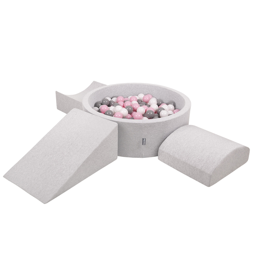 KiddyMoon Foam Playground for Kids with Round Ballpit ( ∅ 7cm/2.75In) Soft Obstacles Course and Ball Pool, Certified Made In The EU, lightgrey:white/grey/powderpink, Ballpit (200 Balls) + Version 4