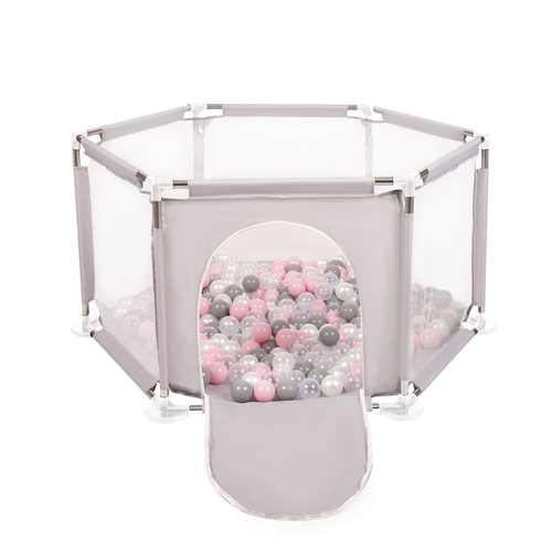 hexagon 6 side play pen with plastic balls, Grey:pearl/grey/transparent/powder pink, 100 balls