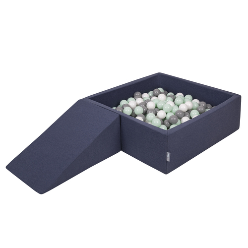 KiddyMoon Foam Playground for Kids with Square Ball pit ( ∅ 7cm/2.75In) Soft Obstacles Course and Ball Pool, Certified Made In The EU, darkblue:white/grey/mint, Ballpit (200 Balls) + Wedge