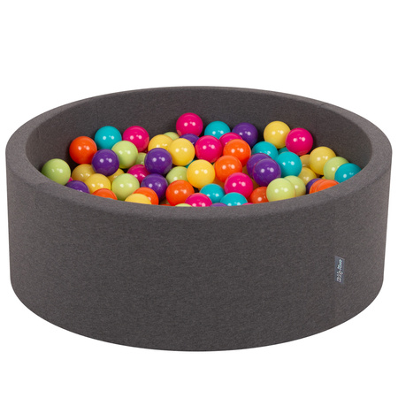 KiddyMoon Baby Foam Ball Pit with Balls ∅ 7cm / 2.75in Made in EU, d.grey:l.green/yellw/turquois/orange/d.pink/purple, 90x30cm/200 balls