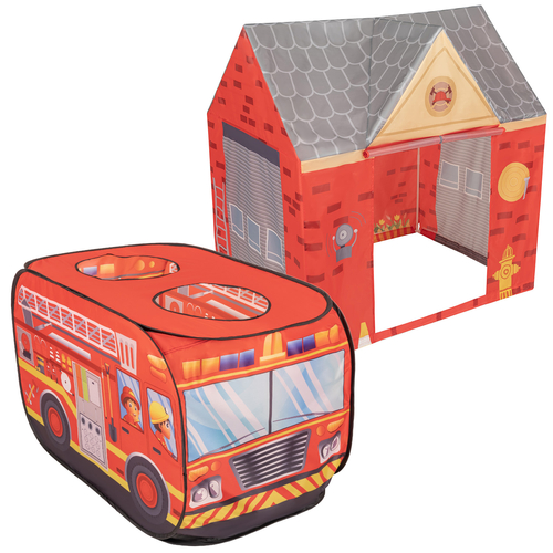 Playhouse Tent Set Fireman Fire Engine And Fire Station Indoor Outdoor Foldable Adventure Toy For Kids Boys Girls Group Activity Pretend Play, red: grey/yellow/red, 300 balls