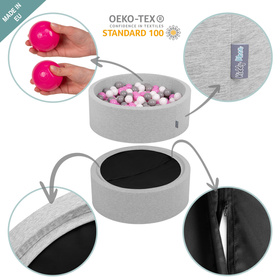 KiddyMoon Soft Ball Pit Quarter Angular ∅ 7cm / 2.75In for Kids, Foam Ball Pool Baby Playballs, Made In The EU, light grey:grey/white/pink, 90x30cm/200 balls