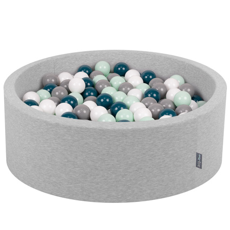 KiddyMoon Baby Foam Ball Pit with Balls ∅ 7cm / 2.75in Made in EU, light grey:dark turquoise/grey/white/mint, 90x30cm/300 balls