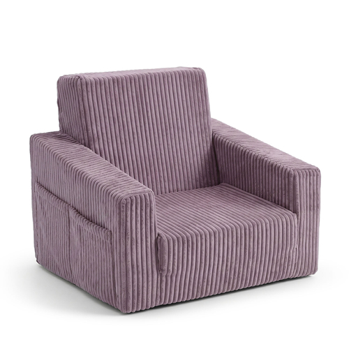 Foam armchair for kids convertible into bed, handle and side pockets, corduroy cover, purple, UNI