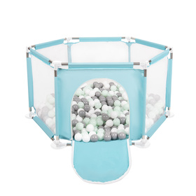 hexagon 6 side play pen with plastic balls, Mint:white/grey/mint, 400 balls