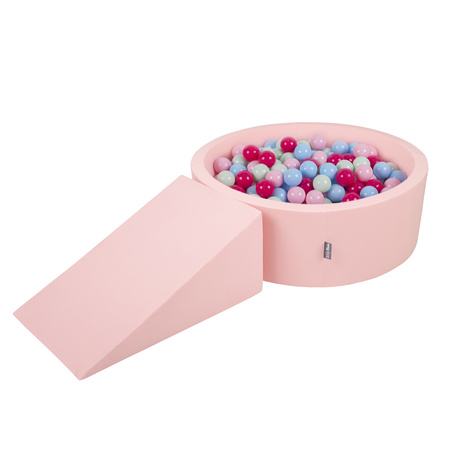 KiddyMoon Foam Playground for Kids with Round Ballpit ( ∅ 7cm/2.75In) Soft Obstacles Course and Ball Pool, Certified Made In The EU, pink:light pink/dark pink/babyblue/mint, Ballpit (100 Balls) + Wedge