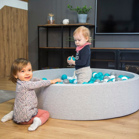 KiddyMoon Soft Ball Pit Square  ∅ 7Cm / 2.75In For Kids, Foam Ball Pool Baby Playballs Children, Made In The EU, light grey:grey-white-turquoise, 120x30cm/1000 balls