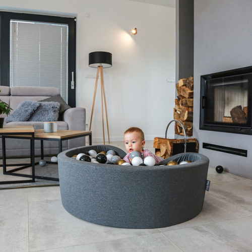 KiddyMoon Soft Ball Pit Square  ∅ 7Cm / 2.75In For Kids, Foam Ball Pool Baby Playballs Children, Made In The EU, dark grey:white-grey-black-gold, 120x30cm/600 balls
