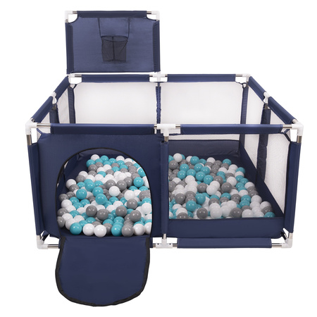 square play pen filled with plastic balls basketball, Blue:grey/white/turquoise, 100 balls