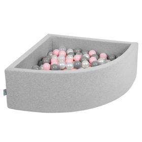 KiddyMoon Soft Ball Pit Quarter Angular ∅ 7cm / 2.75In for Kids, Foam Ball Pool Baby Playballs, Made In The EU, light grey/pearl/grey/transparent/light pink, 90x30cm/200 balls