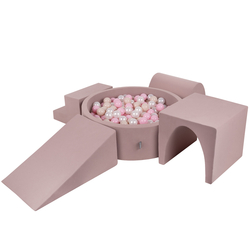 KiddyMoon Foam Playground for Kids with Round Ballpit ( ∅ 7cm/2.75In) Soft Obstacles Course and Ball Pool, Made In The EU, heather: pastel beige/powder pink/pearl, Ballpit (200 Balls) + Version 3