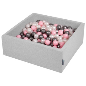 KiddyMoon Baby Foam Ball Pit with Balls ∅ 7cm / 2.75in Square Made in EU, light grey:pearl/powderpink/silver, 90x30cm/200 balls