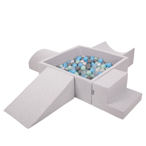 KiddyMoon Foam Playground for Kids with Square Ball pit ( ∅ 7cm/2.75In) Soft Obstacles Course and Ball Pool, Certified Made In The EU, lightgrey:pearl/grey/transparent/babyblue/mint, Ballpit (200 Balls) + Version 5