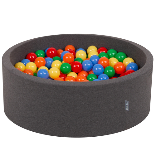 KiddyMoon Baby Foam Ball Pit with Balls ∅ 7cm / 2.75in Made in EU, dark grey:yellow/green/blue/red/orange, 90 x 30 cm / 300 Balls