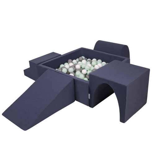 KiddyMoon Foam Playground for Kids with Square Ball pit ( ∅ 7cm/2.75In) Soft Obstacles Course and Ball Pool, Certified Made In The EU, dark blue:white/grey/mint, Ballpit (300 Balls) + Version 3