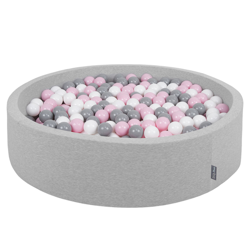 KiddyMoon Soft Ball Pit Round ∅ 7Cm / 2.75In For Kids, Foam Ball Pool Baby Playballs Children, Made In The EU, light grey:white-grey-powderpink, 120x30cm/1000 balls