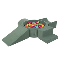 KiddyMoon Foam Playground Velvet for Kids with Round Ballpit ( ∅ 7cm/2.75In) Soft Obstacles Course and Ball Pool, Certified Made In The EU, zieleń lasu: jasny zielony-żółty-turkus-pomarańcz-ciemny róż-fiolet
