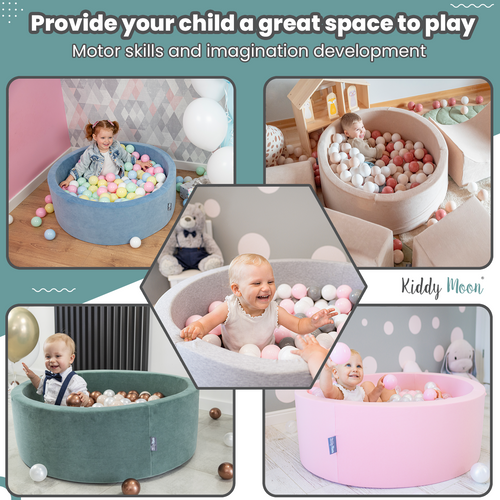 KiddyMoon Baby Foam Ball Pit with Balls ∅ 7cm / 2.75in Made in EU, dark grey:white/grey/mint, 90x30cm/300 balls