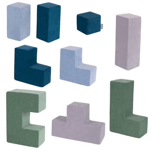 KiddyMoon Soft Foam Cubes with Velvet Cover Building Blocks for Children, laguna blue-forest green-ice blue-grey mountains, 9 Pieces