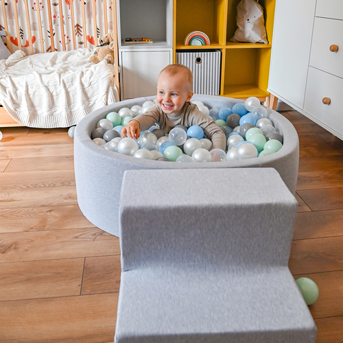 KiddyMoon Foam Playground for Kids with Round Ball pit (200 Balls ∅ 7cm/2.75In) Soft Obstacles Course and Ball Pool, Certified Made In The EU, lightgrey:pearl/grey/transparent/babyblue/mint, Ballpit (200 Balls) + Steps