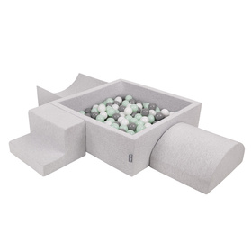 KiddyMoon Foam Playground for Kids with Square Ballpit ( ∅ 7cm/2.75In) Soft Obstacles Course and Ball Pool, Certified Made In The EU, lightgrey:white/grey/mint, Ballpit (200 Balls) + Version 6