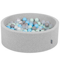 KiddyMoon Baby Foam Ball Pit with Balls ∅ 7cm / 2.75in Made in EU, light grey:pearl/grey/transparent/baby blue/mint, 90 x 30 cm / 200 Balls