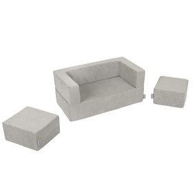 KiddyMoon Children's Foam Sofa with Two Poufs For Kids Comfortable and Lightweight Playroom Set Ribbed Fabric Removable Covers Perfect for Rest and Creative Play, light grey, Sofa/Pouf