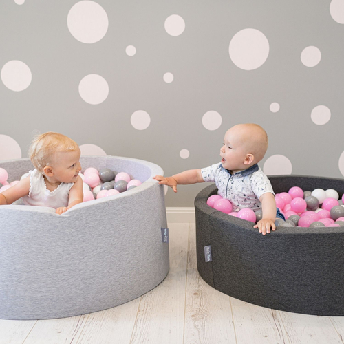 KiddyMoon Baby Foam Ball Pit with Balls ∅ 7cm / 2.75in Made in EU, dark grey:grey/white/pink, 90 x 30 cm / 300 Balls