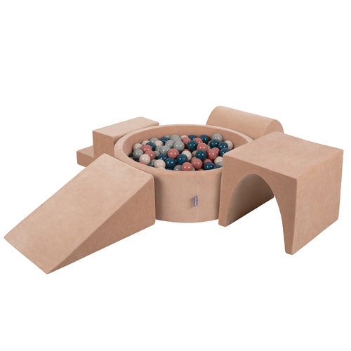 KiddyMoon Foam Playground Velvet for Kids with Round Ballpit ( ∅ 7cm/2.75In) Soft Obstacles Course and Ball Pool, Certified Made In The EU, desert pink:dark turquoise/pastel beige/greygreen/salmon pink, Ballpit (200 Balls) + Version 3