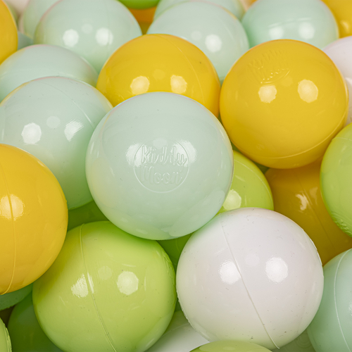 KiddyMoon Soft Plastic Play Balls ∅ 7cm/2.75in Multi-colour Made in EU, white/mint/light green/yellow, 50 Balls/7cm-2.75in