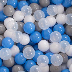 KiddyMoon Soft Plastic Play Balls ∅ 7cm/2.75in Multi-colour Made in EU, grey/white/blue/transparent, 200 Balls/7cm-2.75in