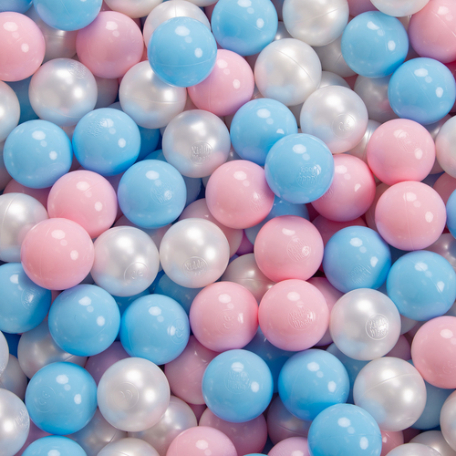 KiddyMoon Foam Playground for Kids with Round Ballpit ( ∅ 7cm/2.75In) Soft Obstacles Course and Ball Pool, Certified Made In The EU, pink:babyblue/powder pink/pearl, Ballpit (200 Balls) + Wedge