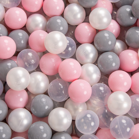 KiddyMoon Baby Foam Ball Pit with Balls ∅ 7cm / 2.75in Made in EU, dark grey:pearl/grey/transparent/light pink, 90x30cm/200 balls