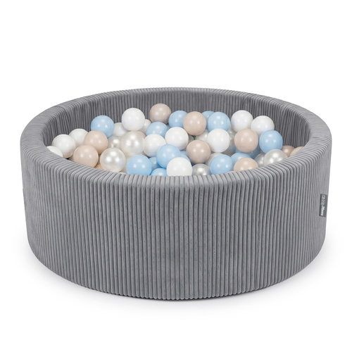 KiddyMoon Ball Pit for Baby and Toddler, Soft Play Ball Pool with ribbed Washable Cover, Dark Grey: Pastel Beige/Pastel Blue/White/Pearl, 90 x 30 cm / 200 Balls