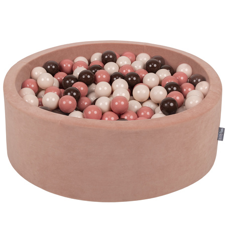 KiddyMoon Soft Ball Pit Round ∅ 7cm / 2.75In for Kids, Foam Velvet Ball Pool Baby Playballs, Made In The EU, desert pink:pastel beige/salmon pink/brown, 90x30cm/200 balls