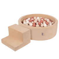 KiddyMoon Foam Playground Velvet for Kids with Round Ball pit (∅ 7cm/2.75In) Soft Obstacles Course and Ball Pool, Certified Made In The EU, Sand beige: pastel beige/salmon/white, Ballpit (100 Balls) + Steps