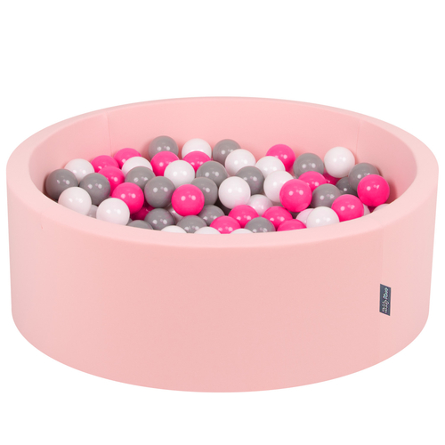 KiddyMoon Baby Foam Ball Pit with Balls ∅ 7cm / 2.75in Made in EU, pink:white/grey/dark pink, 90x30cm/300 balls