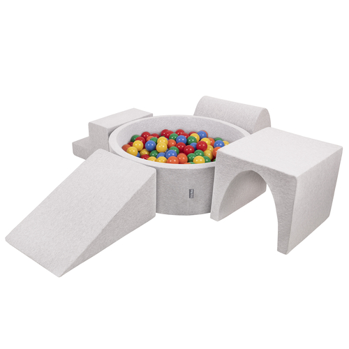 KiddyMoon Foam Playground for Kids with Round Ballpit ( ∅ 7cm/2.75In) Soft Obstacles Course and Ball Pool, Made In The EU, lightgrey:yellow/green/blue/red/orange, Ballpit (200 Balls) + Version 3