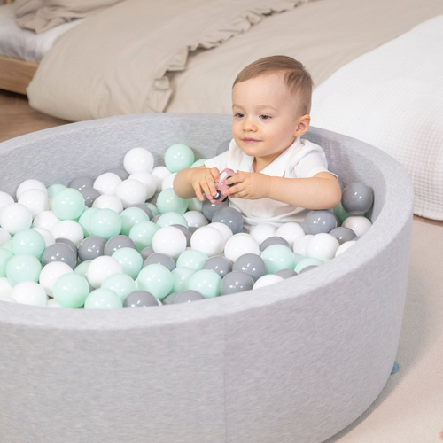 Soft Ball Pit Pool Round 90x30cm for Baby Toddler 200/300 Balls Foam, light grey:white/grey/mint, 90x30cm/200 balls