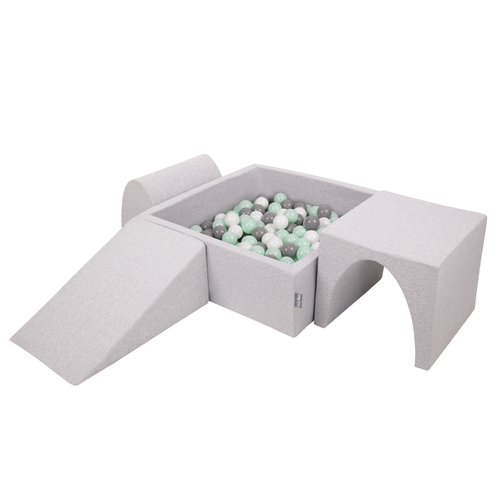 KiddyMoon Foam Playground for Kids with Square Ballpit ( ∅ 7cm/2.75In) Soft Obstacles Course and Ball Pool, Certified Made In The EU, lightgrey:white/grey/mint, Ballpit (200 Balls) + Version 2