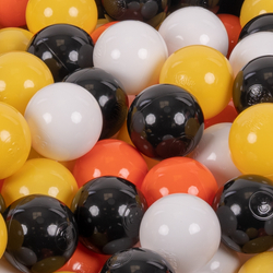 KiddyMoon Soft Plastic Play Balls ∅ 7cm/2.75in Multi-colour Made in EU, black/white/orange/yellow, 50 Balls/7cm-2.75in