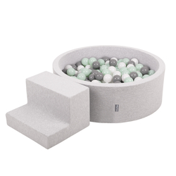 KiddyMoon Foam Playground for Kids with Round Ball pit (200 Balls ∅ 7cm/2.75In) Soft Obstacles Course and Ball Pool, Certified Made In The EU, lightgrey:white/grey/mint, Ballpit (200 Balls) + Steps
