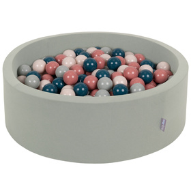 KiddyMoon Baby Foam Ball Pit with Balls ∅ 7cm / 2.75in, sage: dark turquoise/pastel beige/green-grey/ salmon, 90x30cm/200 balls