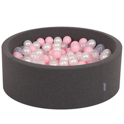 KiddyMoon Baby Foam Ball Pit with Balls ∅ 7cm / 2.75in Made in EU, dark grey:light pink/pearl/transparent, 90 x 30 cm / 200 Balls