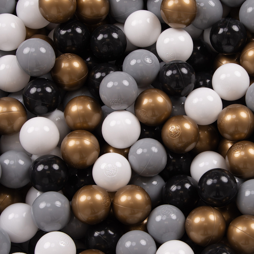 KiddyMoon Soft Ball Pit Quarter Angular ∅ 7cm / 2.75In for Kids, Foam Ball Pool Baby Playballs, Made In The EU, light grey:white/grey/black/gold, 90x30cm/300 balls