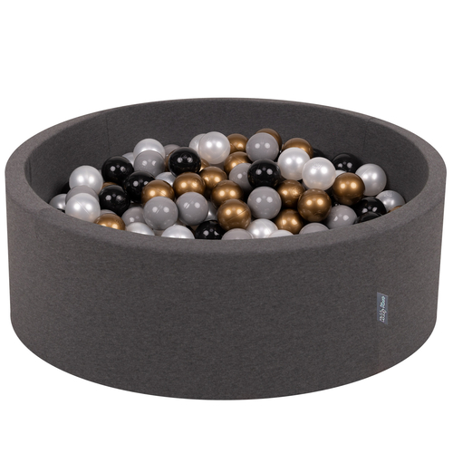 KiddyMoon Baby Foam Ball Pit with Balls ∅ 7cm / 2.75in Made in EU, dark grey:black/pearl/gold/grey, 90 x 30 cm / 200 Balls
