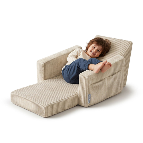 Foam armchair for kids convertible into bed, handle and side pockets, corduroy cover, beige, UNI
